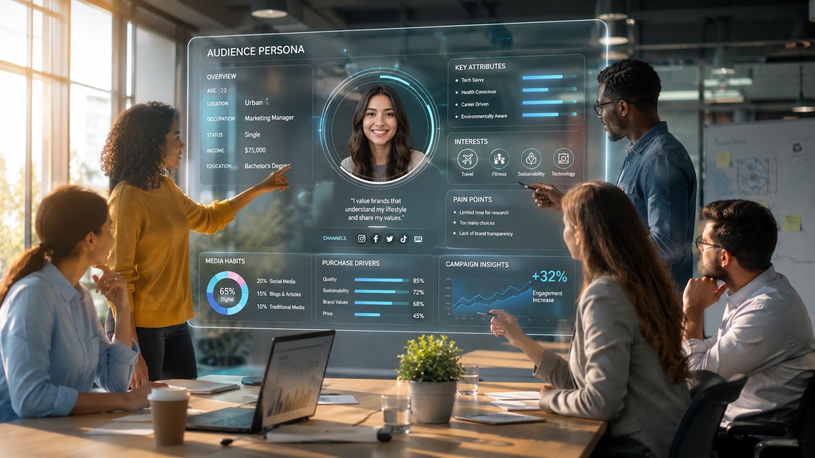 A diverse team of professionals collaboratively analyzing digital customer audience persona data on a transparent screen.