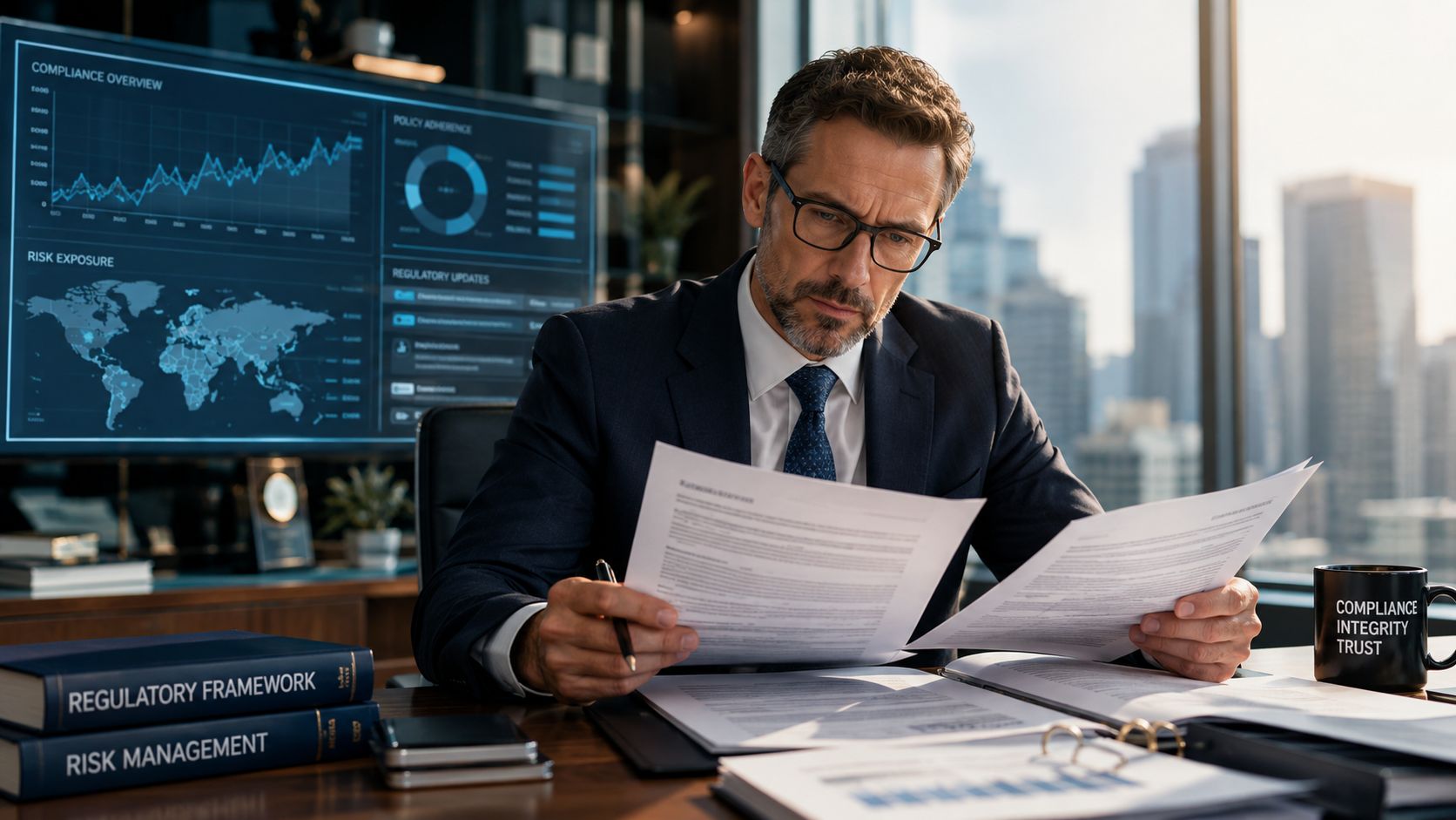 A professional man in a suit reading financial documents at a desk with corporate data dashboards behind.