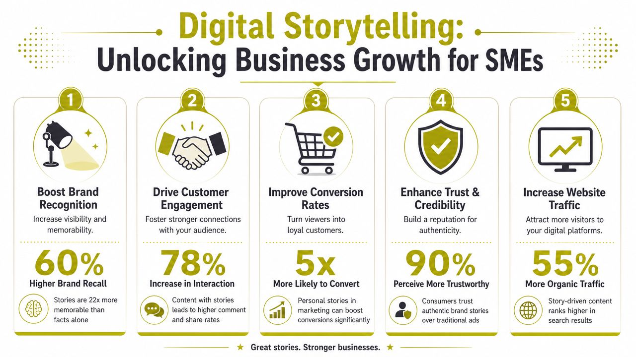 An infographic detailing five ways digital storytelling helps small and medium enterprises grow their business effectively.