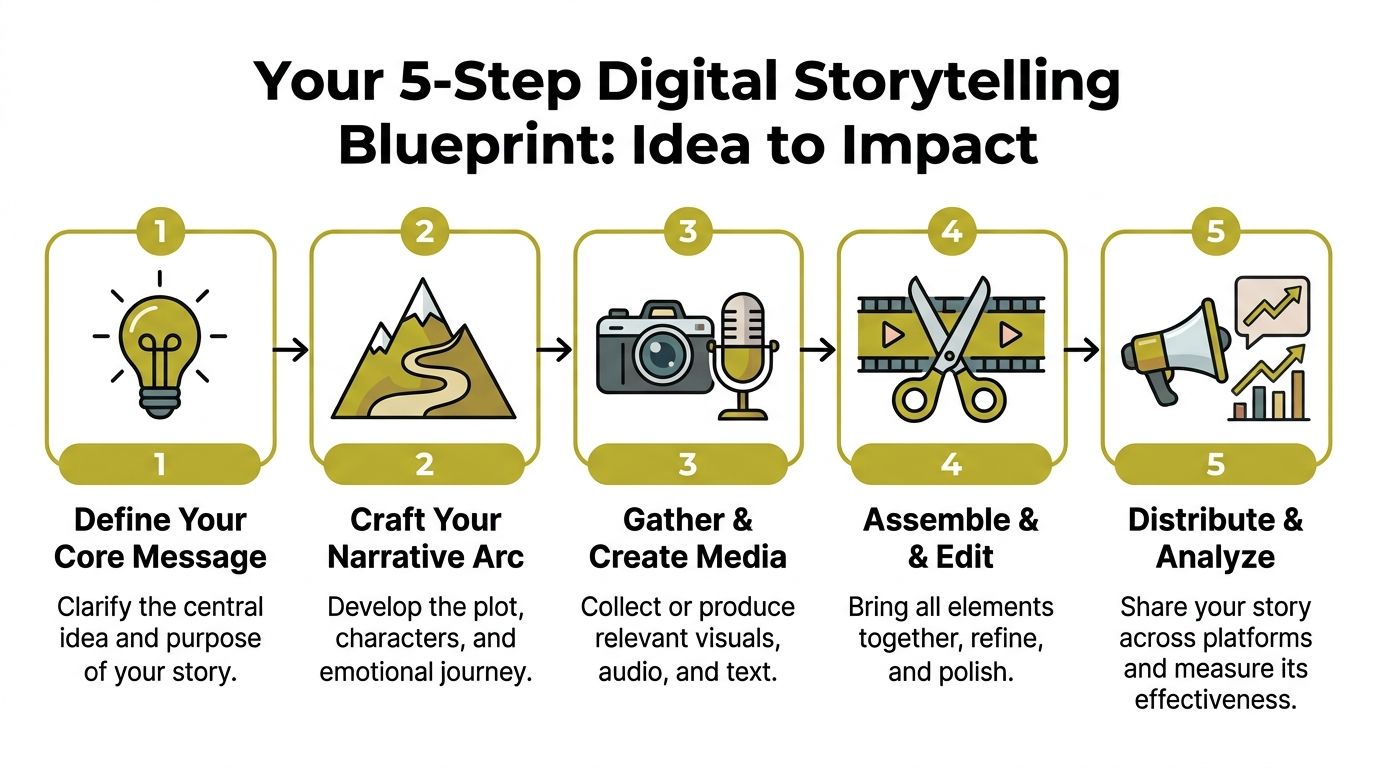 A five-step infographic showing the digital storytelling process from core message to distribution and analysis.