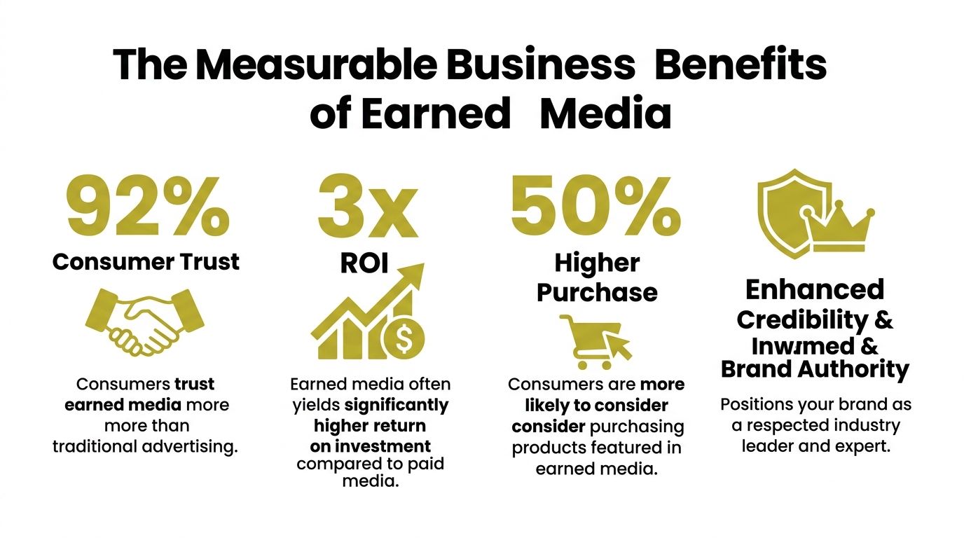 An infographic titled The Measurable Business Benefits of Earned Media listing trust, ROI, purchase intent, and brand authority statistics.