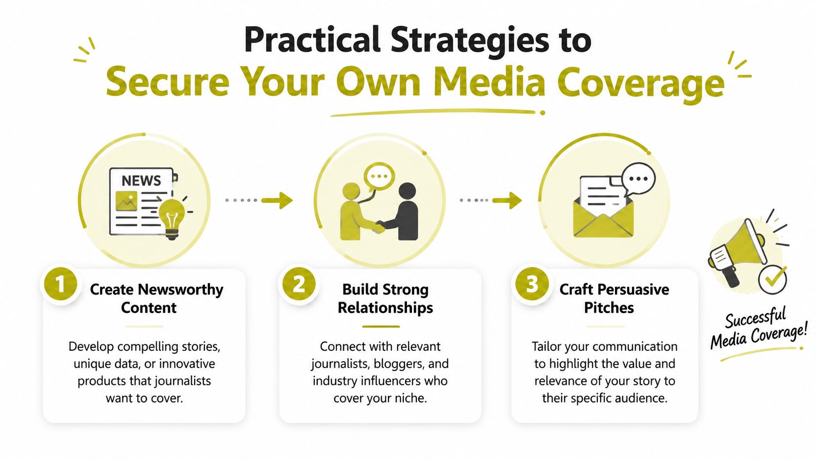 A three-step infographic showing how to secure media coverage through content creation, relationship building, and persuasive pitching.