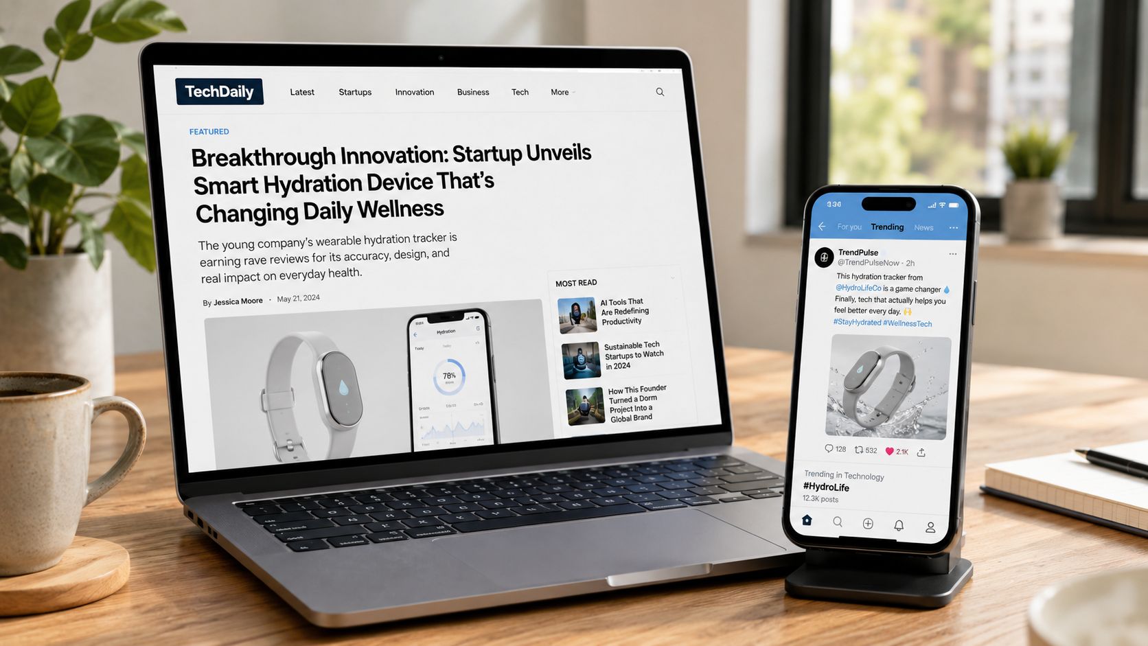 A laptop and smartphone displaying a tech news article and social media post about a hydration device.