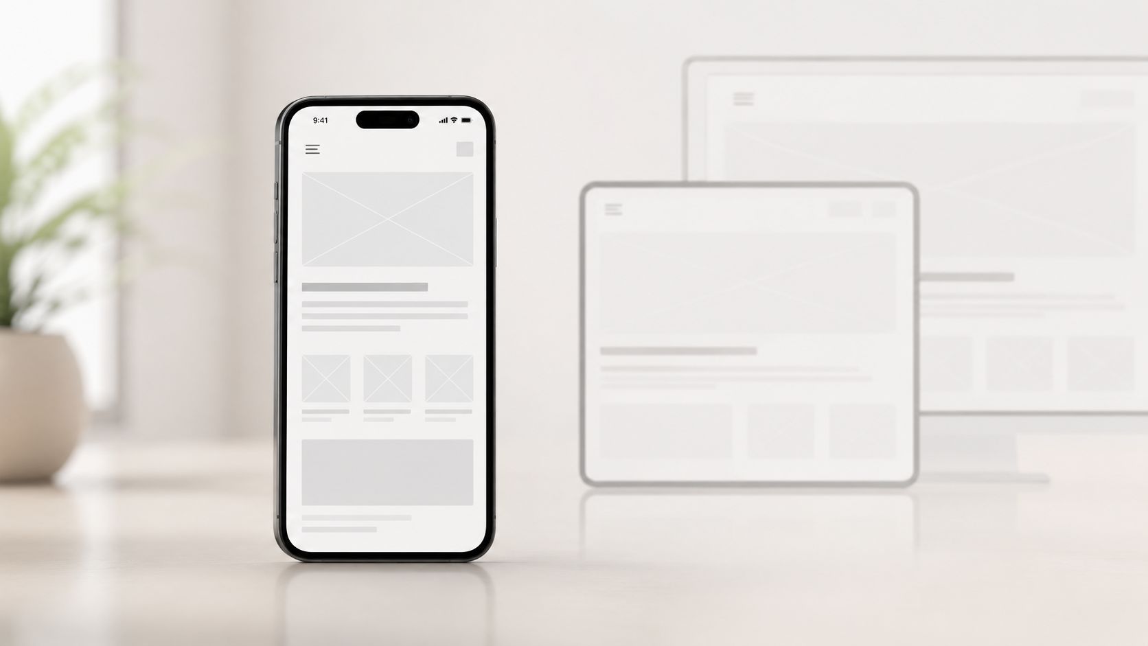 A smartphone, tablet, and computer monitor displaying responsive web design mockups on a clean wooden desk surface.