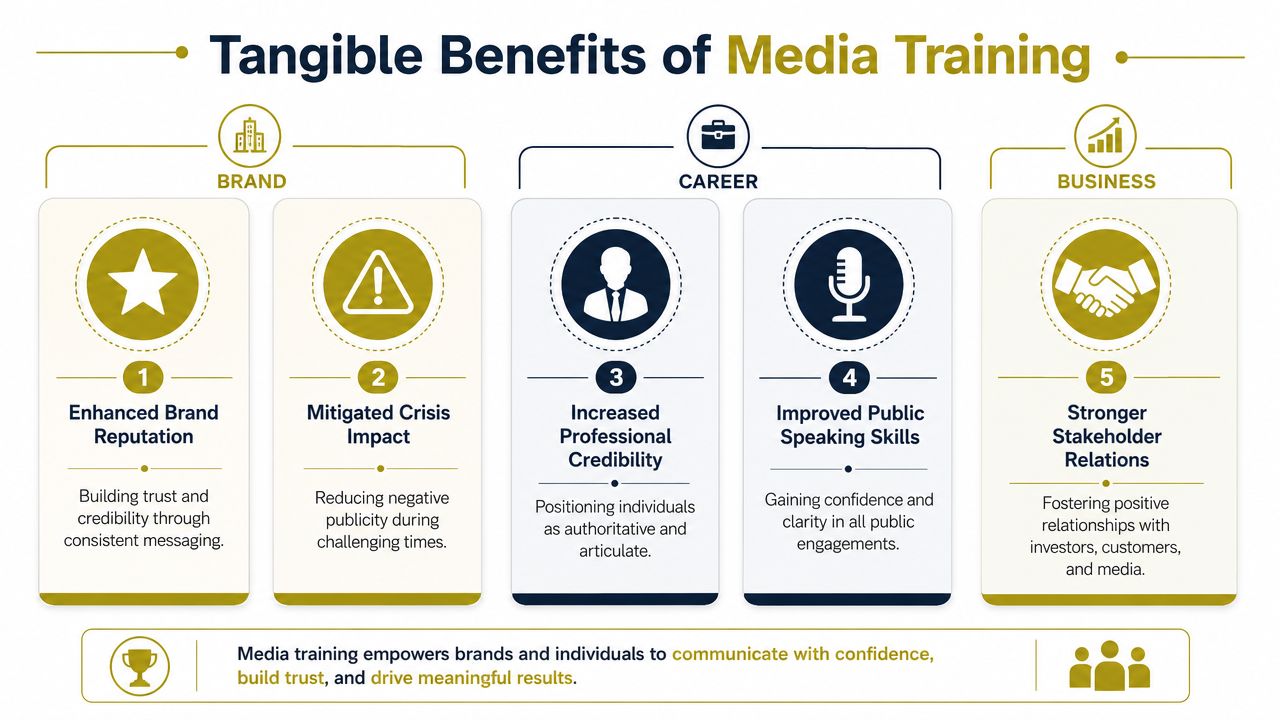 An infographic titled Tangible Benefits of Media Training detailing brand, career, and business advantages of effective communication.
