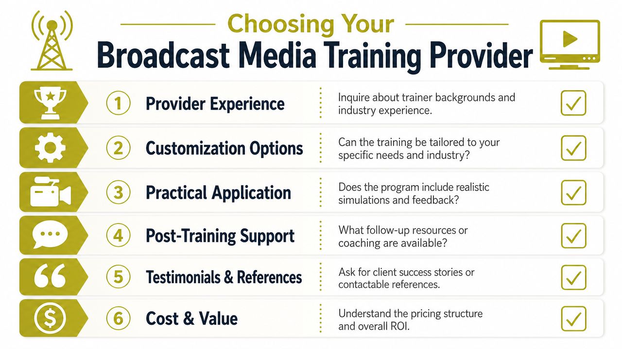 A checklist infographic titled Choosing Your Broadcast Media Training Provider detailing six essential steps for selection.