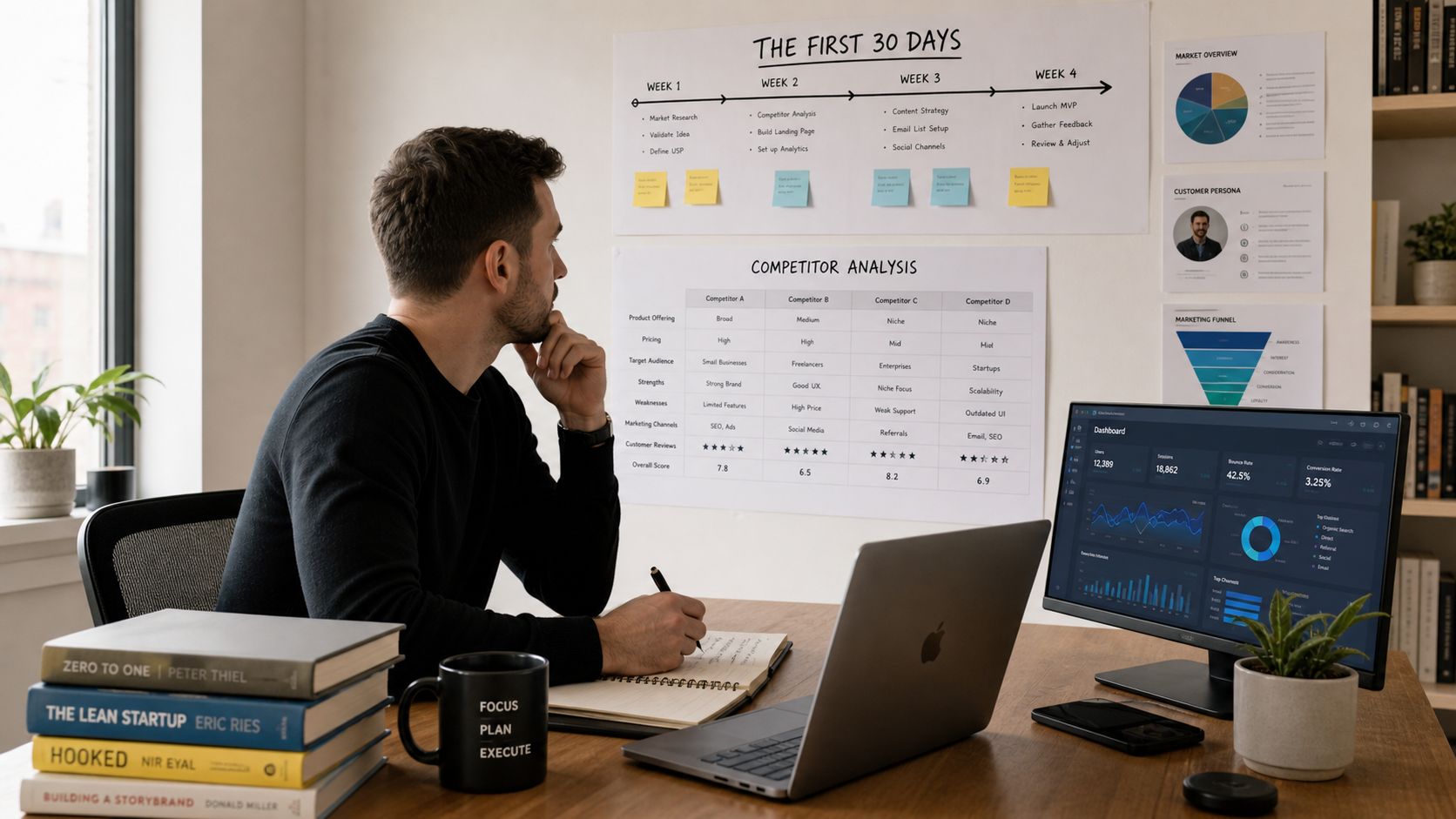 A professional man planning a business strategy using charts, a laptop, and books in a modern workspace.