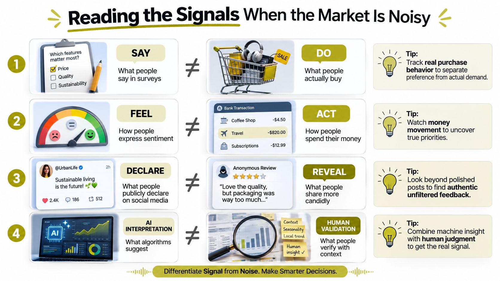 A chart illustrating how to differentiate consumer signals from market noise through four comparative data analysis methods.