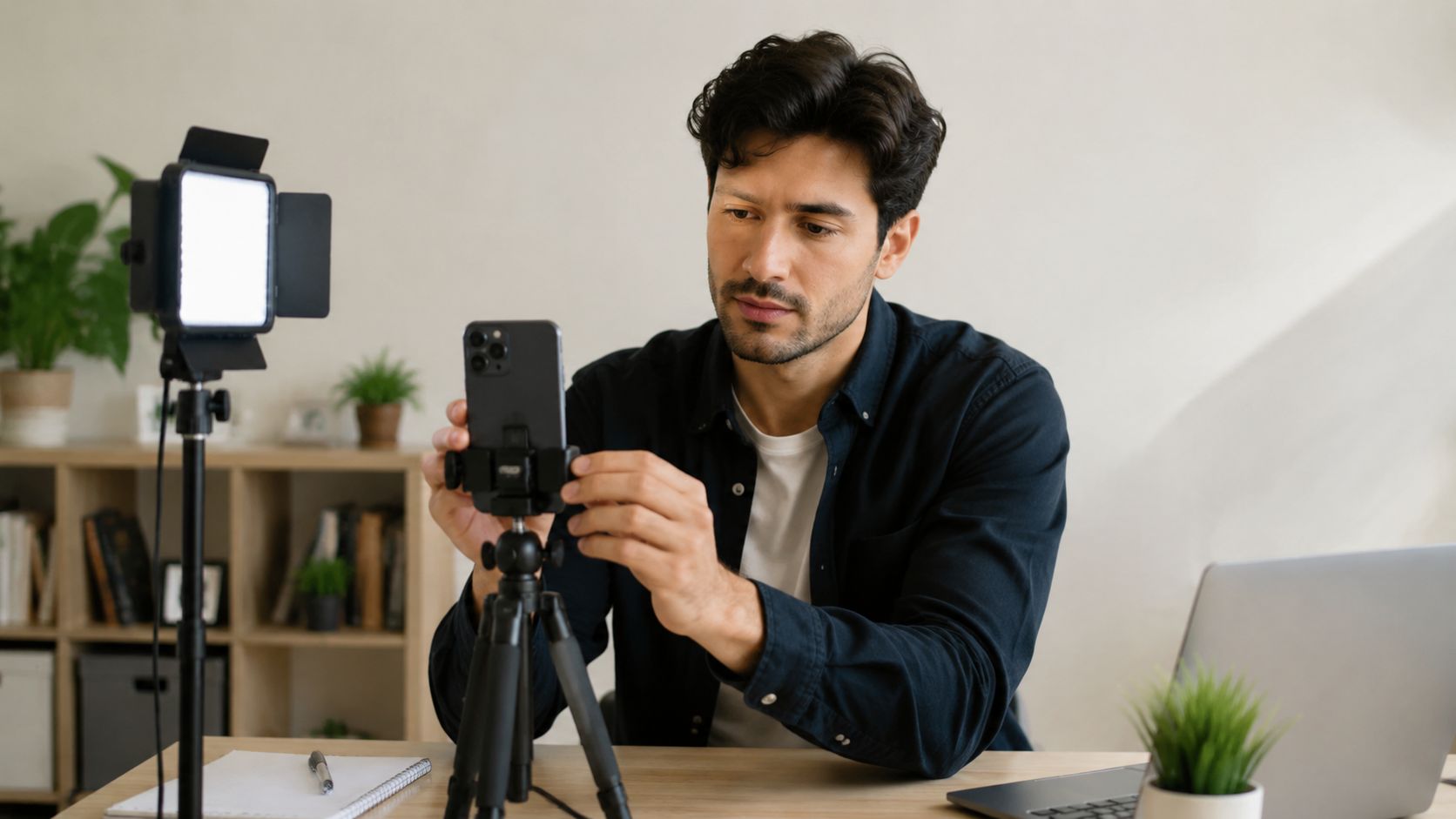 A man in a black shirt setting up his smartphone on a tripod for a testimonial video.