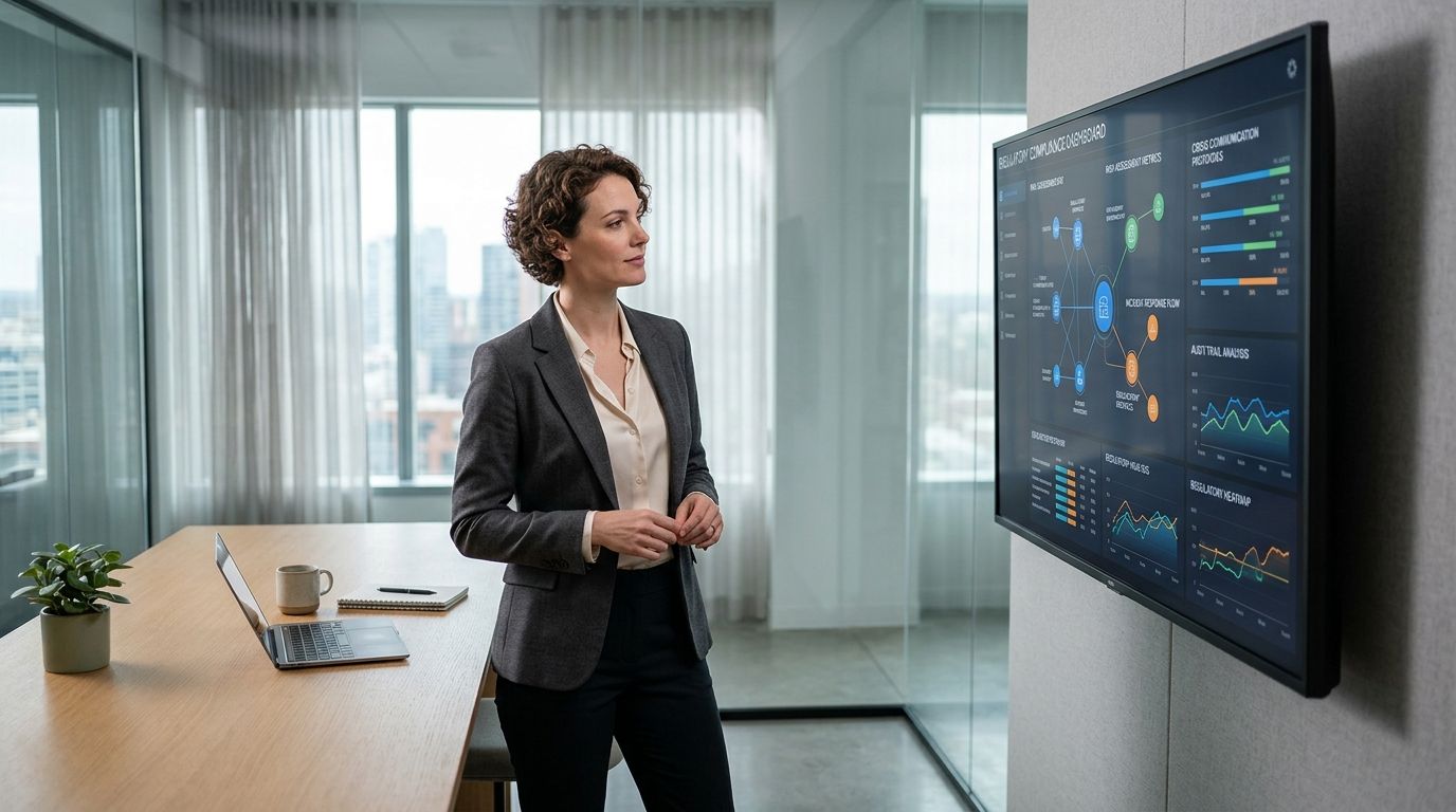 A professional woman in a business suit reviewing complex data analytics on a large screen in an office.