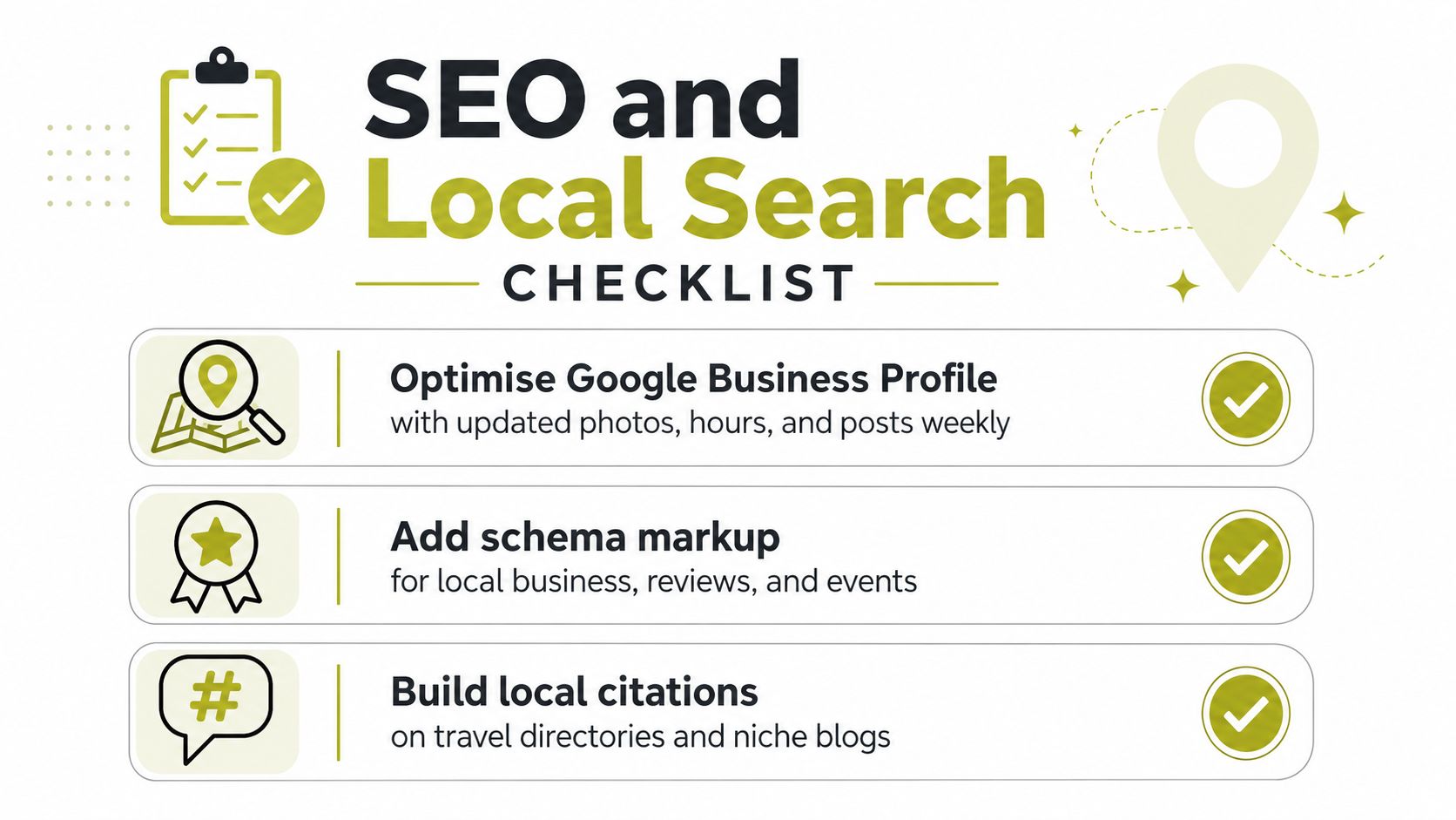 An infographic checklist for SEO and local search strategies for businesses, presented in a clean layout.