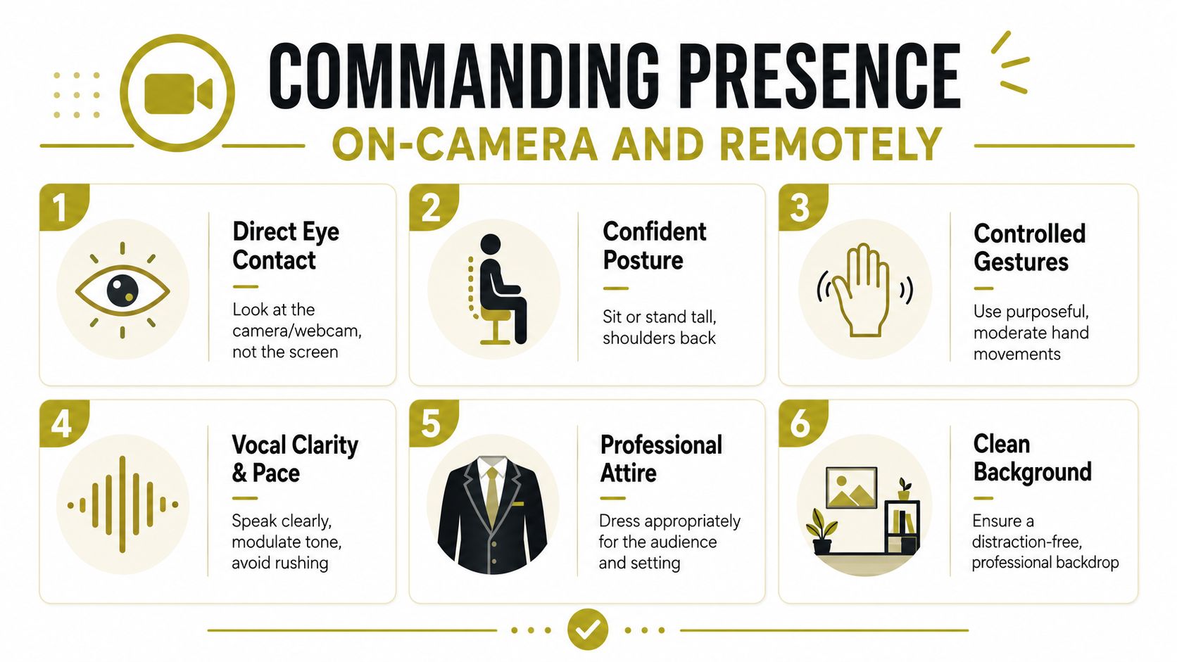 An infographic detailing six essential tips for maintaining a commanding professional presence during virtual meetings and video calls.