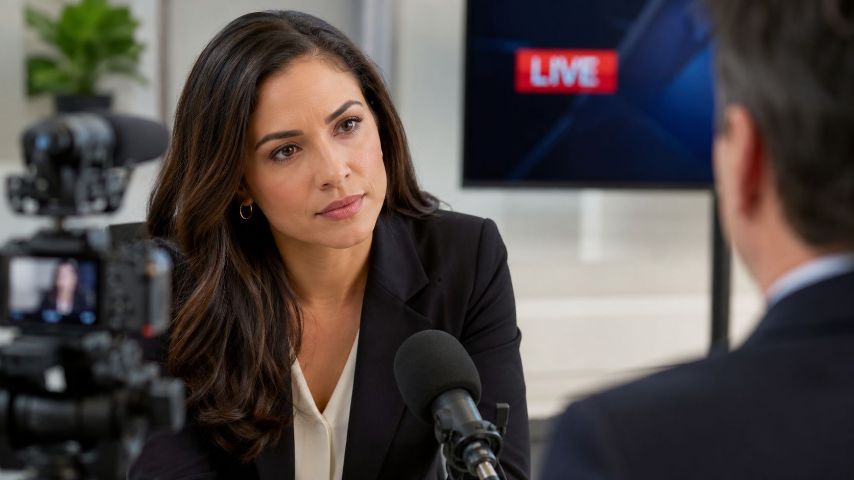 A professional woman in a black blazer conducts an executive interview in a studio setting.