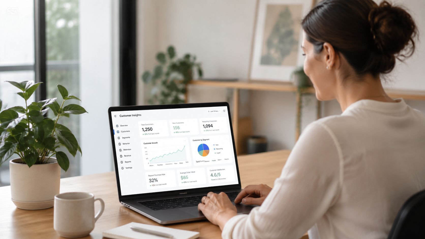 A professional woman working on a laptop at a wooden desk, analyzing business customer insights data.