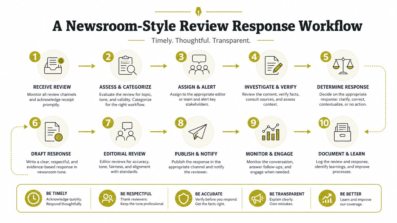A ten-step infographic outlining a newsroom-style workflow for managing and responding to customer reviews professionally.