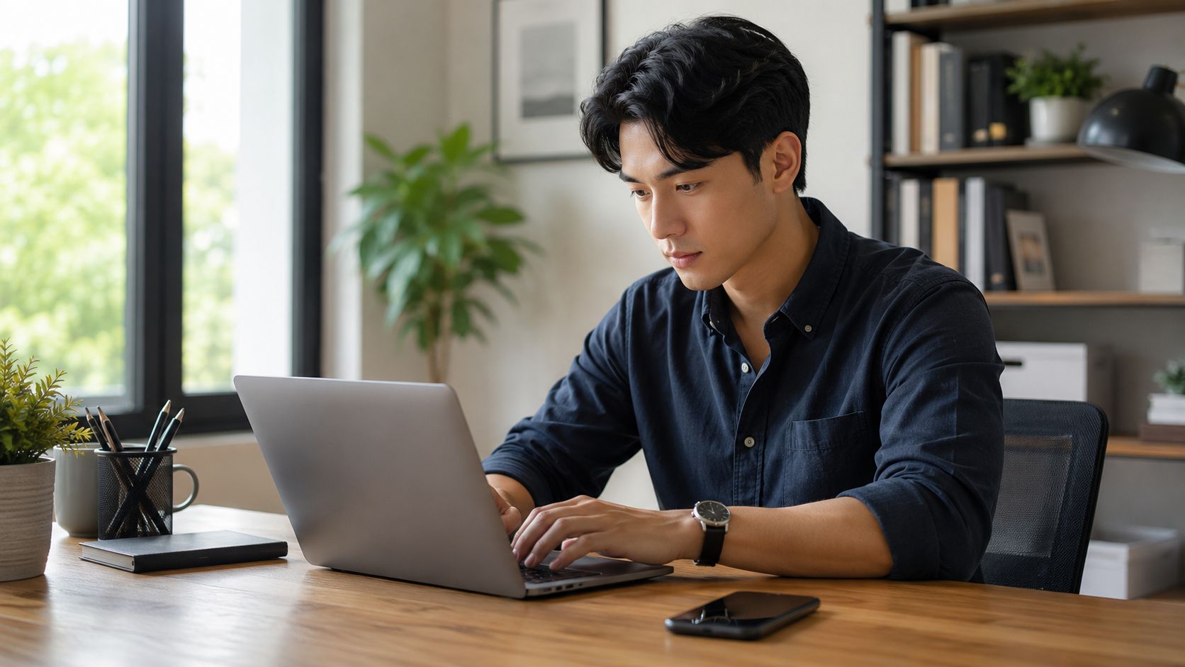 A professional man focused on working on his laptop while sitting at a wooden desk at home.