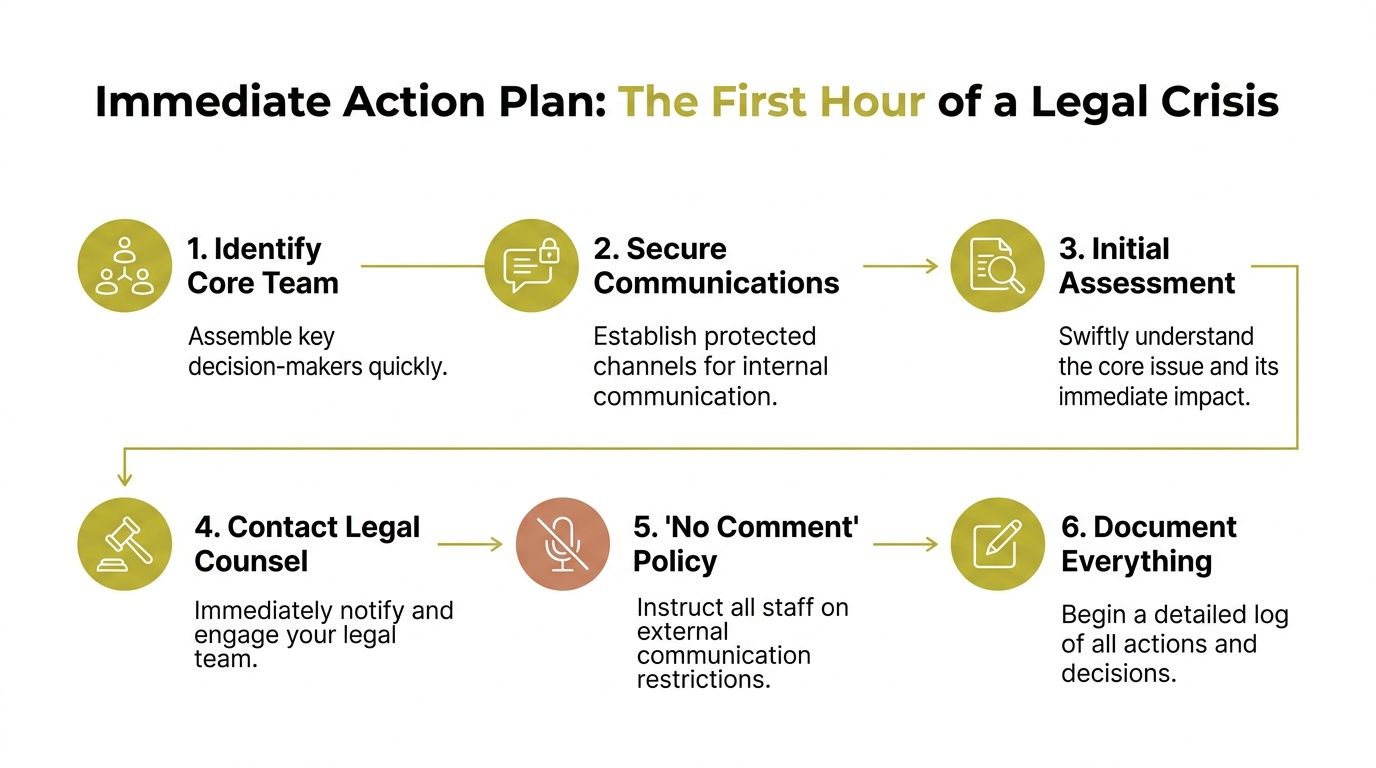 A six-step infographic detailing an immediate action plan to manage a company's first hour of legal crisis.
