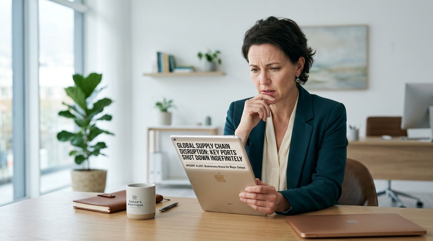 A concerned woman sits at her desk, reviewing news of global supply chain disruptions on her tablet.