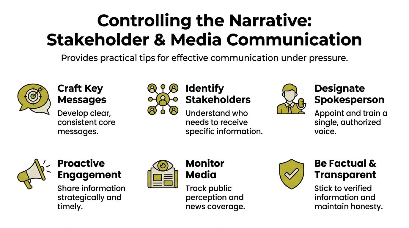 An infographic titled Controlling the Narrative outlining six essential tips for effective stakeholder and media communication.