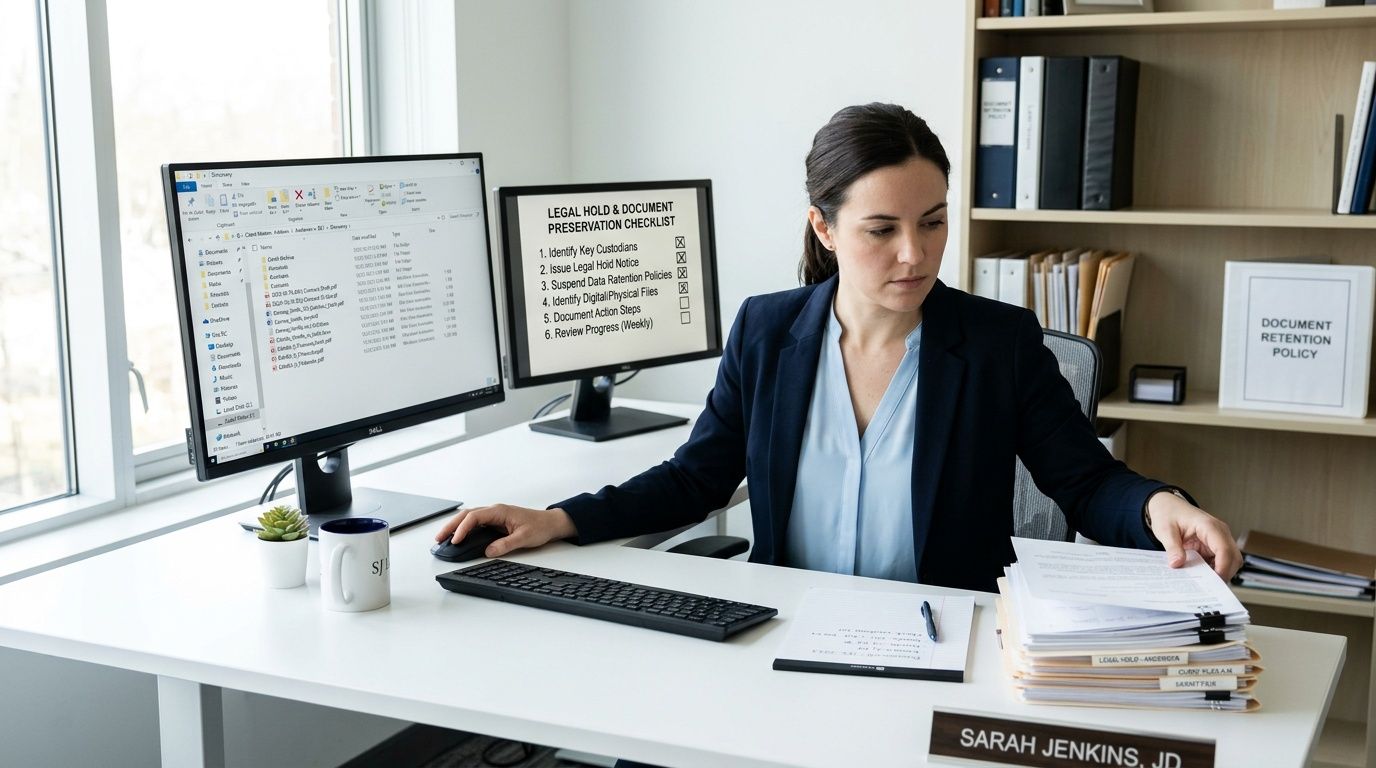 A professional lawyer managing a legal hold and document preservation process at her organized office desk.