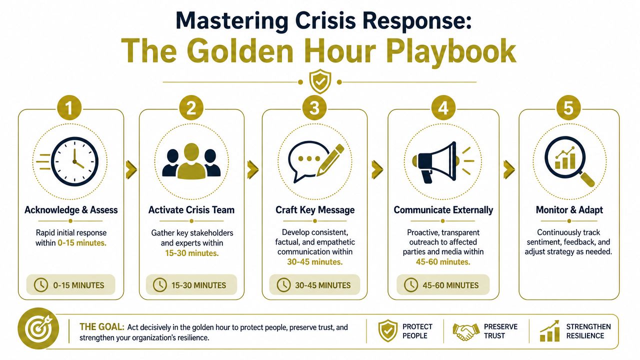 An infographic titled The Golden Hour Playbook illustrating a five-step process for effective crisis response and management.