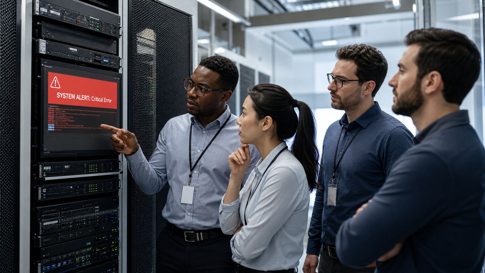 A diverse team of IT professionals analyzing a critical system error alert on a server rack display.