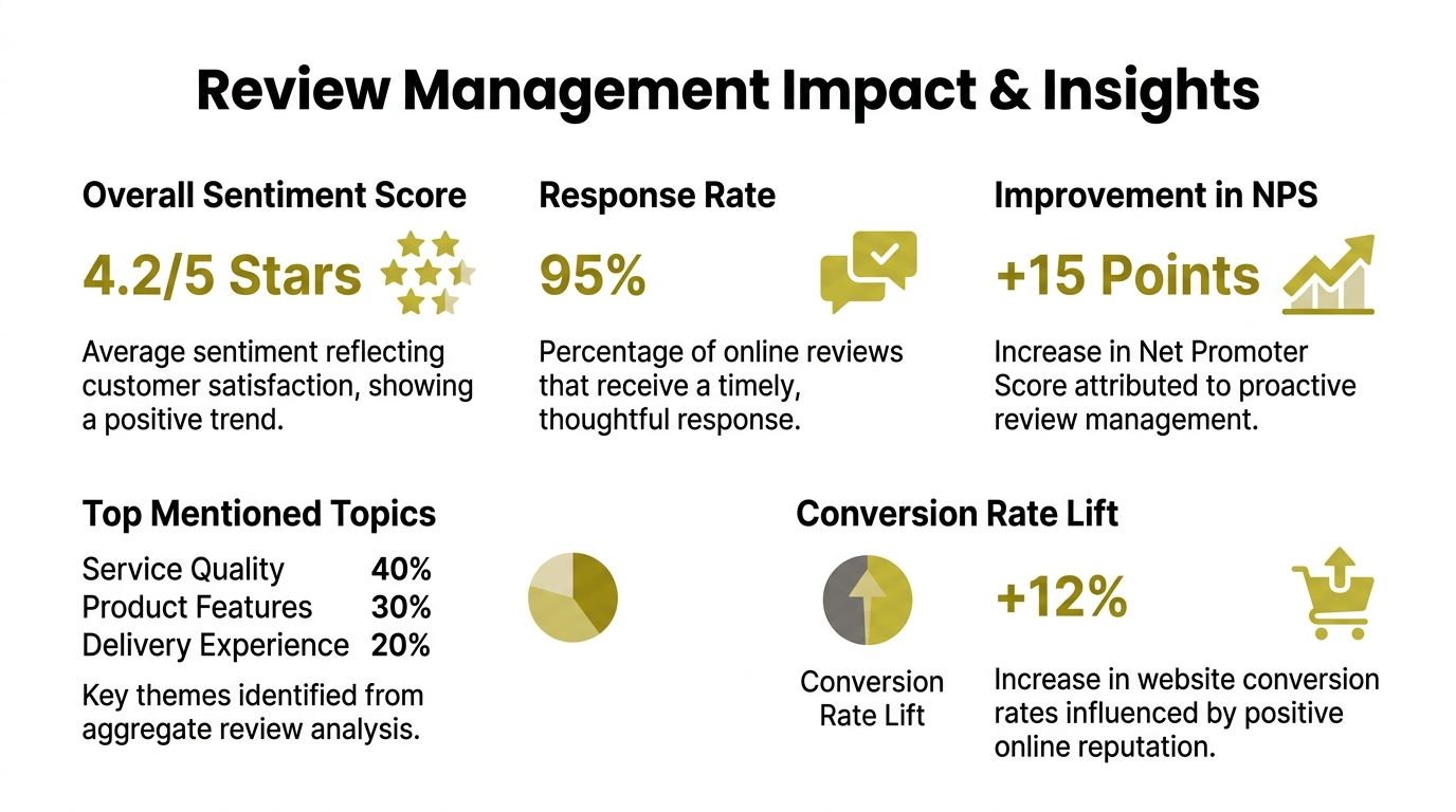 An infographic titled Review Management Impact and Insights highlighting metrics like sentiment score, response rate, and conversion lift.
