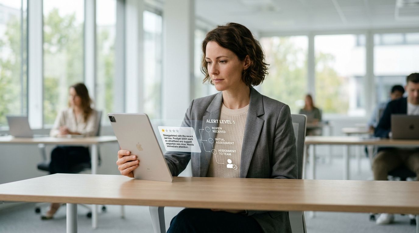 A professional woman in an office reviewing customer service feedback on a tablet with digital overlay statistics.