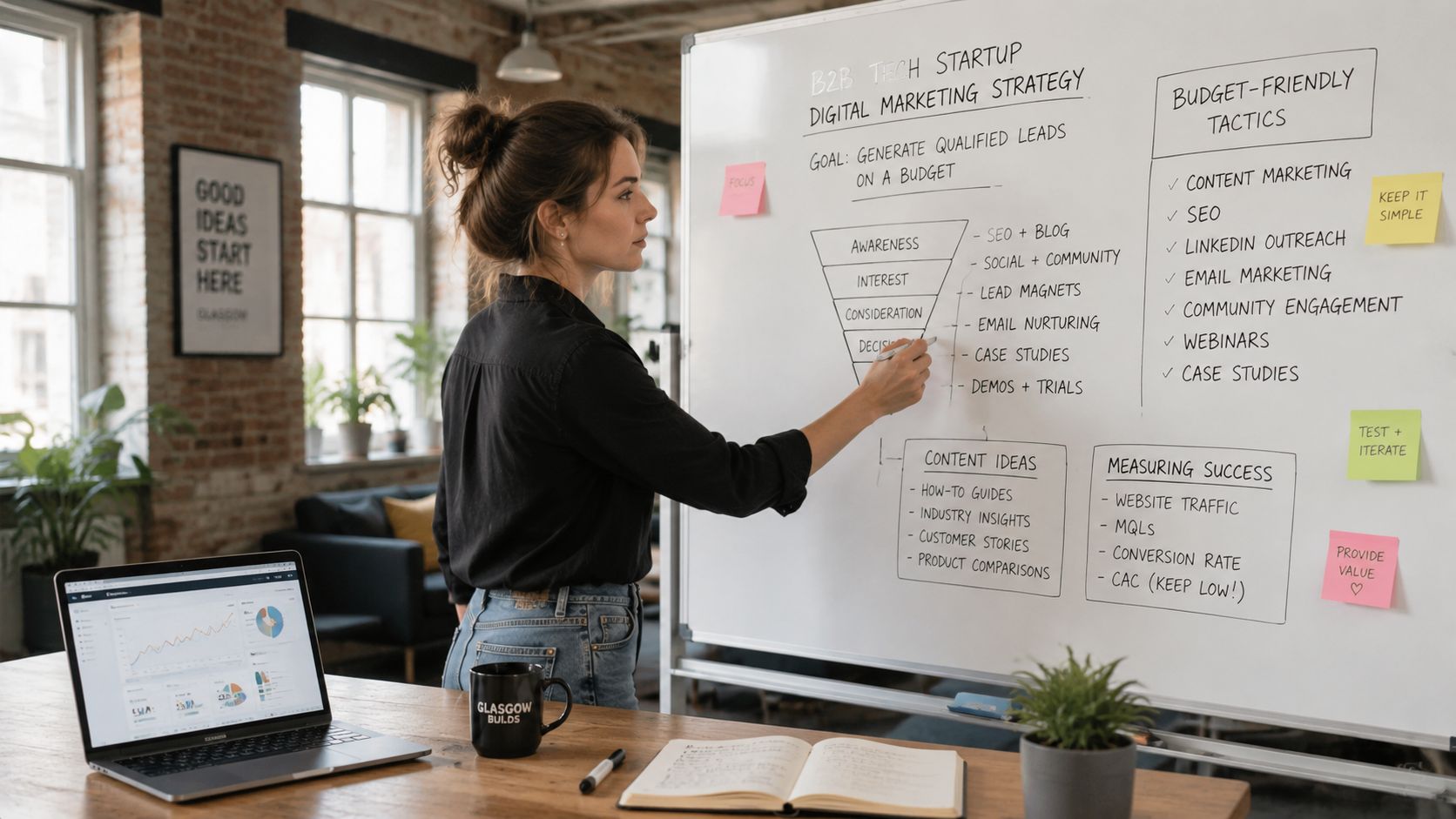 A professional woman writing a digital marketing strategy on a whiteboard in a modern office workspace.