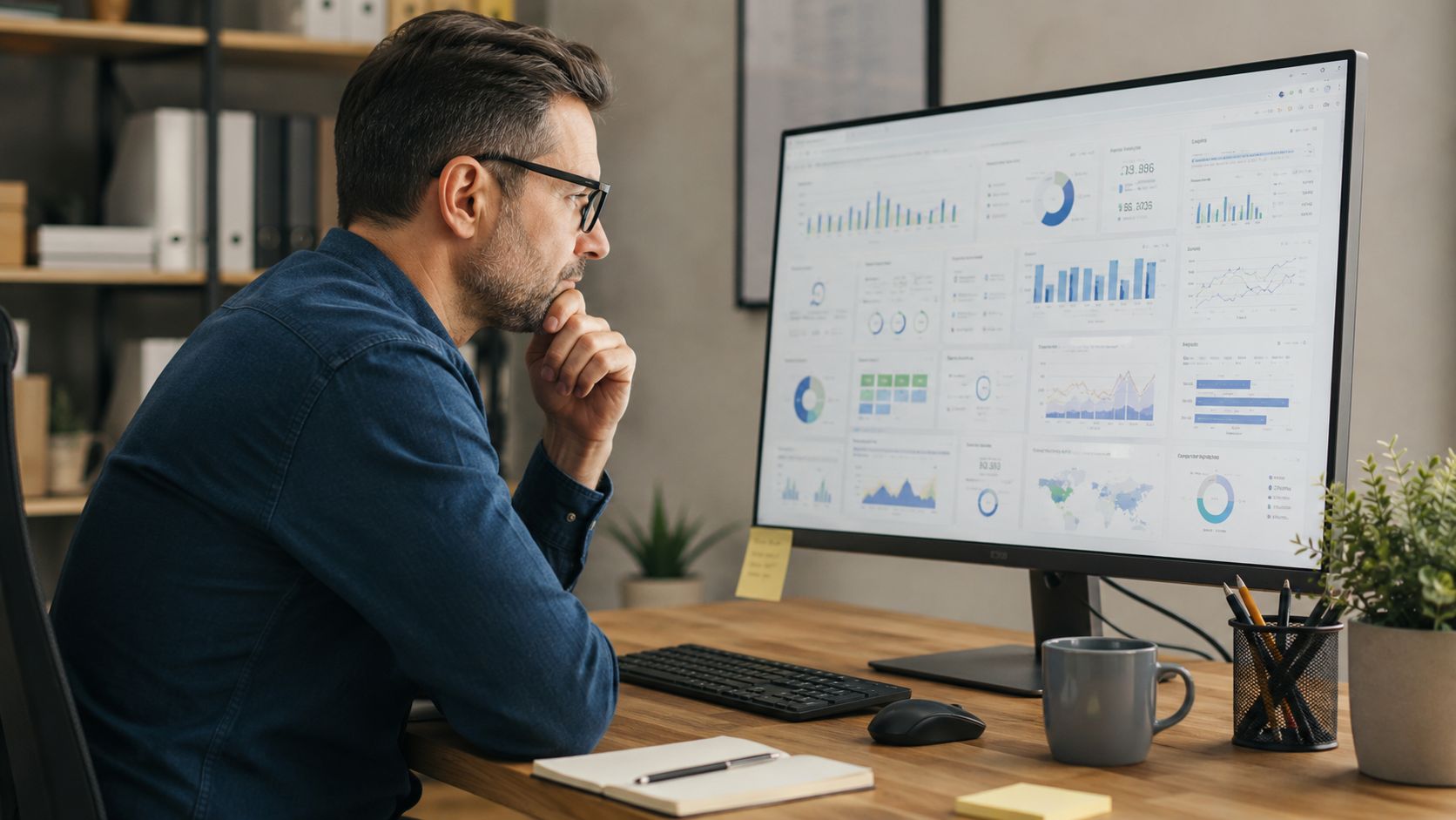 A focused man wearing glasses looks at a large computer monitor displaying detailed business performance data dashboards.