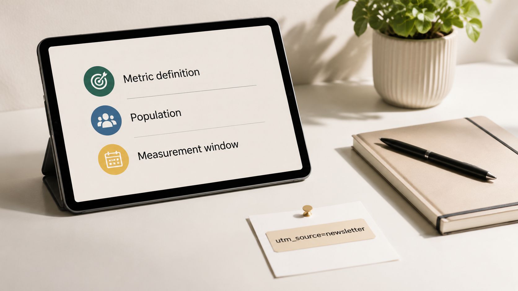 A digital tablet displaying a list of metrics including definition, population, and window on a desk.