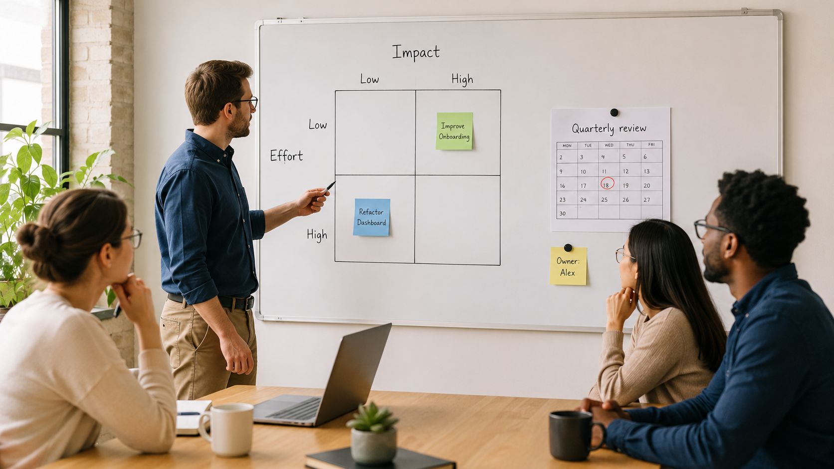 A professional team discussing project priorities using an impact-effort matrix on a whiteboard in an office.