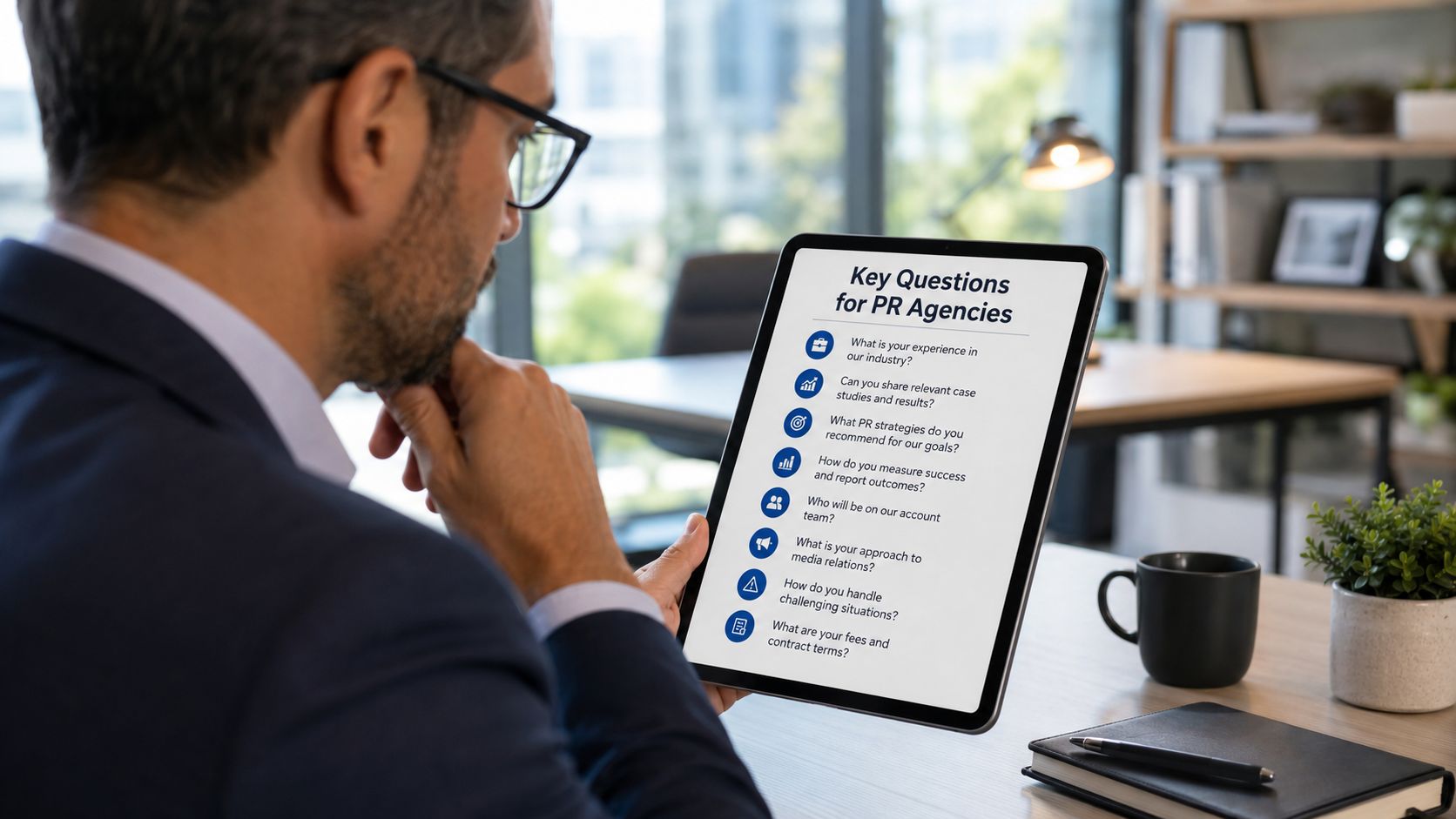 A professional man reviewing a list of key questions for PR agencies on a tablet screen.