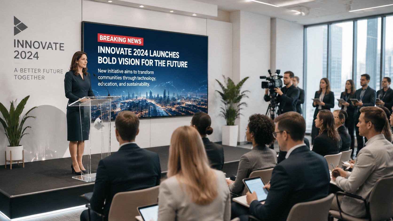 A female speaker giving a presentation at a corporate press conference about the Innovate 2024 initiative.