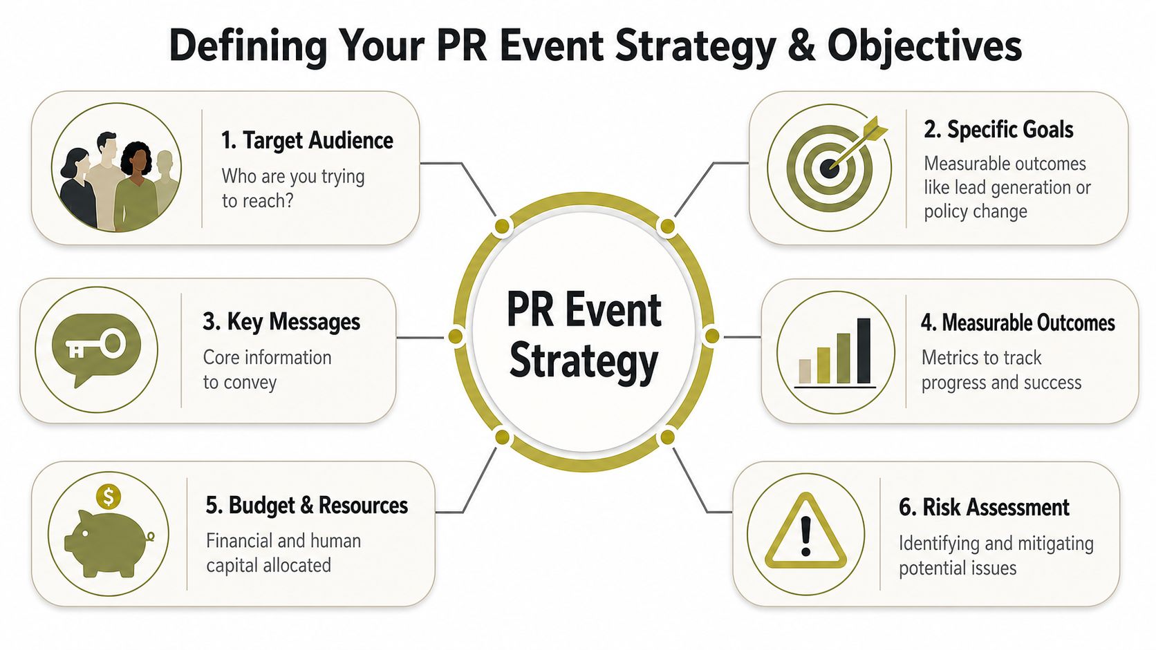 A diagram outlining six essential steps for defining a successful public relations event strategy and objectives.