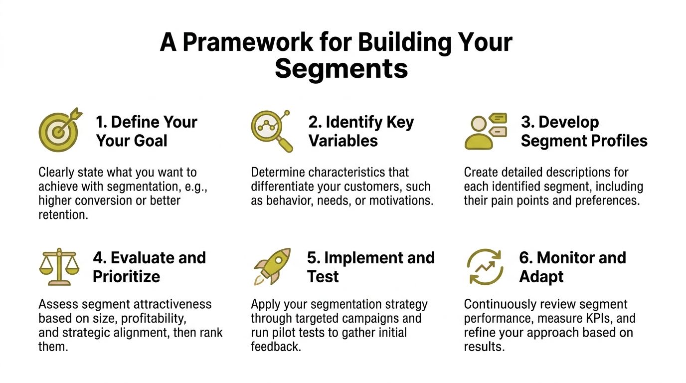 A diagram outlining a six-step framework for building a successful customer segmentation strategy for businesses.