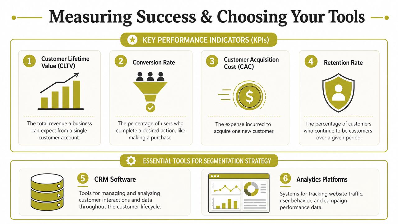 An infographic showing key performance indicators and essential tools for business segmentation strategy and marketing success.