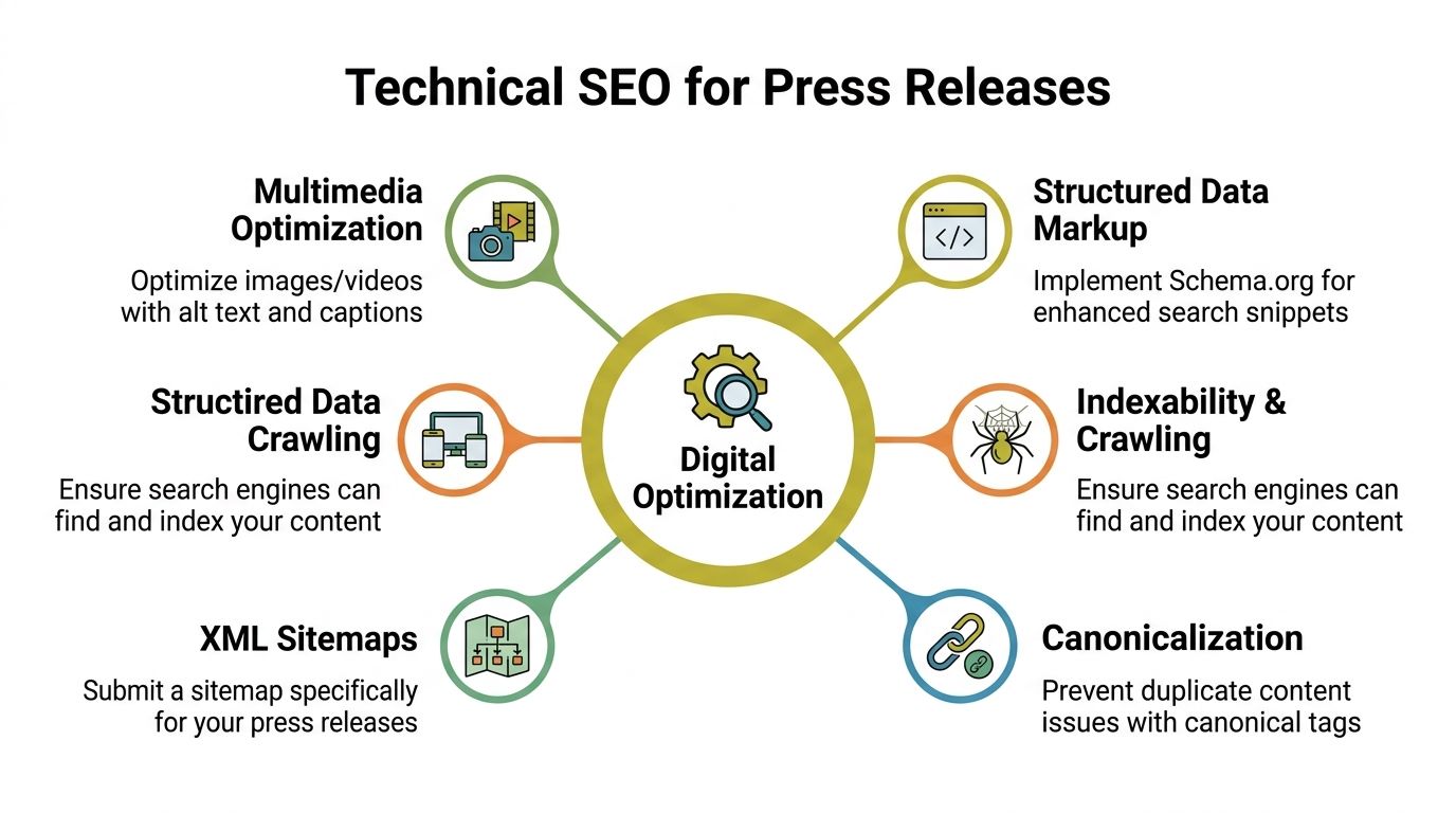 A diagram illustrating technical SEO strategies for press releases, including multimedia optimization, structured data, and sitemaps.
