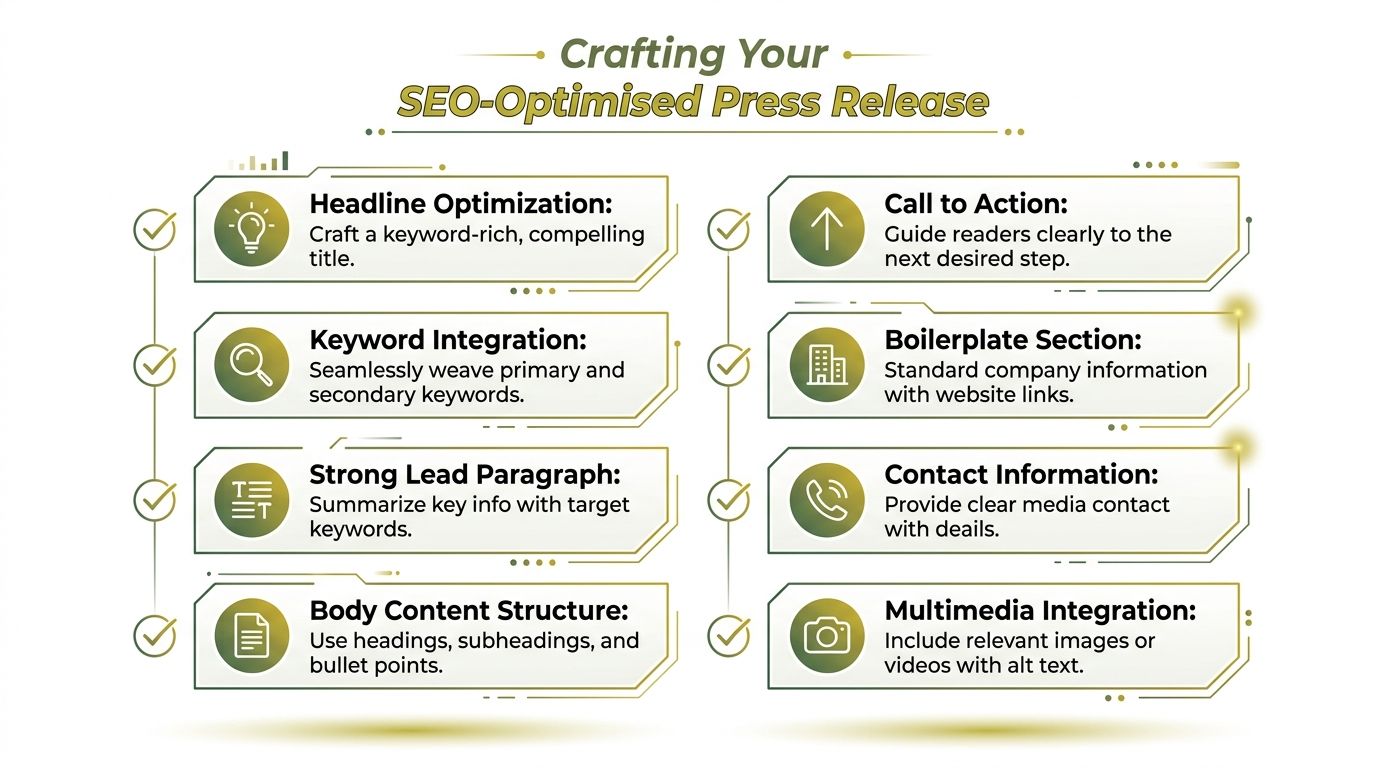 An infographic detailing eight essential steps for creating a professional and search engine optimized press release document.