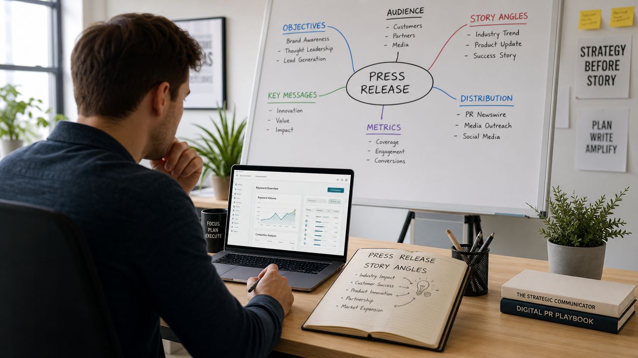 A professional man planning a press release strategy using a whiteboard mind map and a laptop computer.