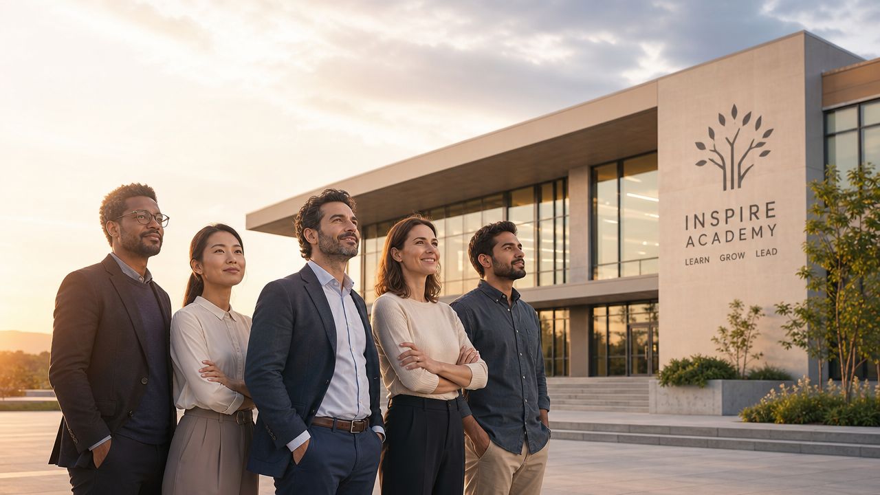 A diverse group of professional individuals standing confidently in front of the modern Inspire Academy school building.