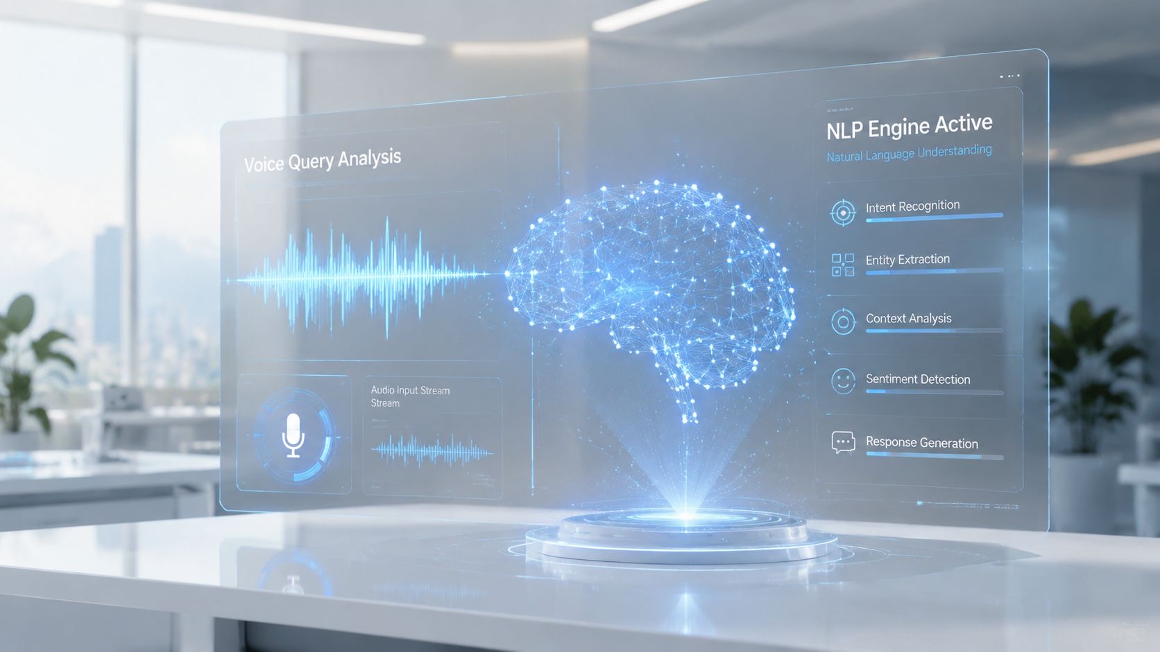 A futuristic digital interface showing an artificial intelligence brain with voice analysis and natural language processing metrics.