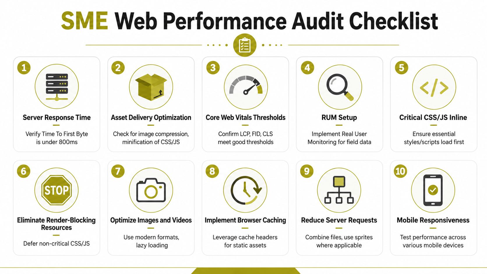 A ten-point checklist for auditing SME web performance, covering server speed, caching, responsive design, and optimization.