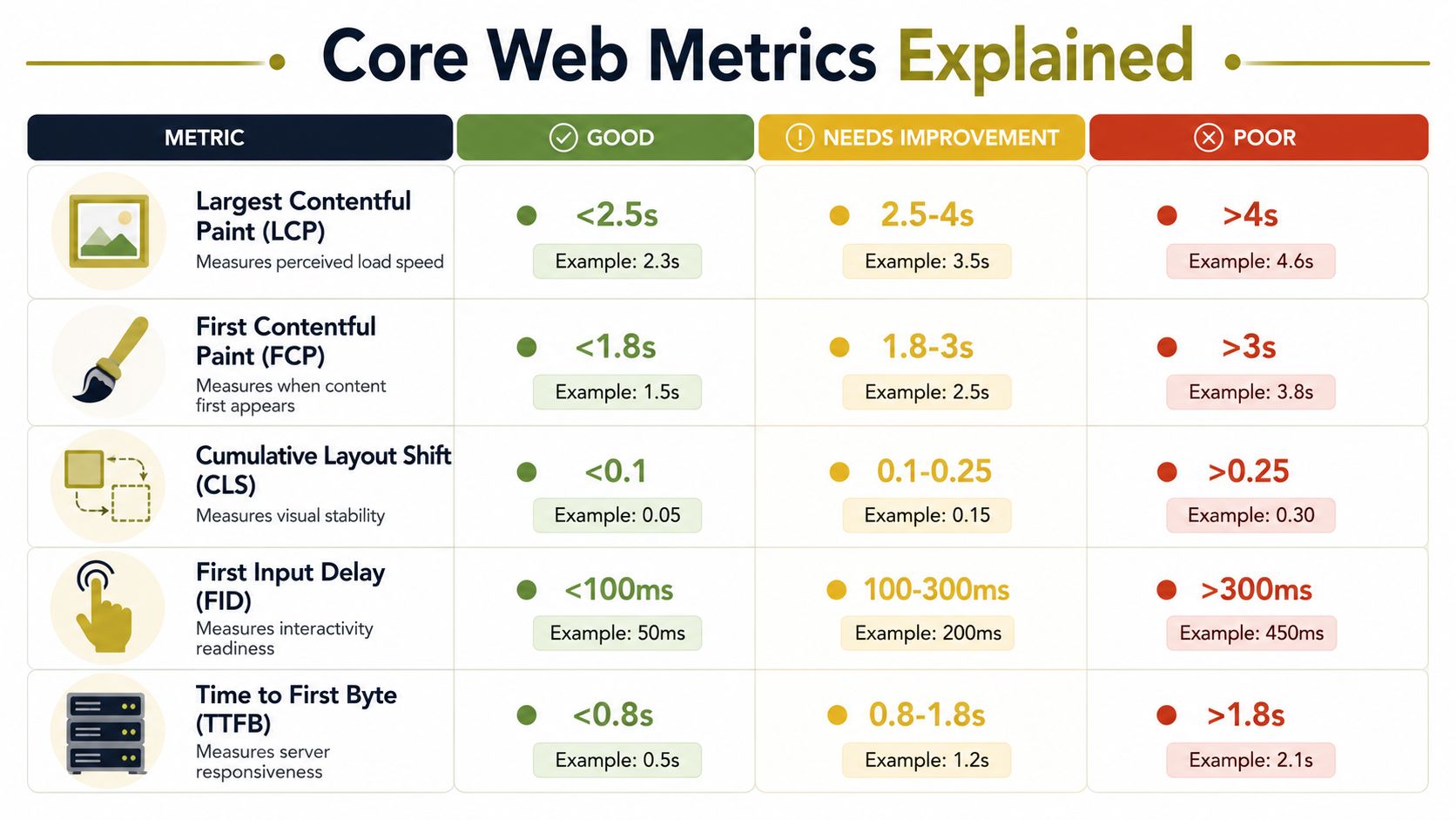 A table explaining Core Web Metrics including LCP, FCP, CLS, FID, and TTFB with performance thresholds.