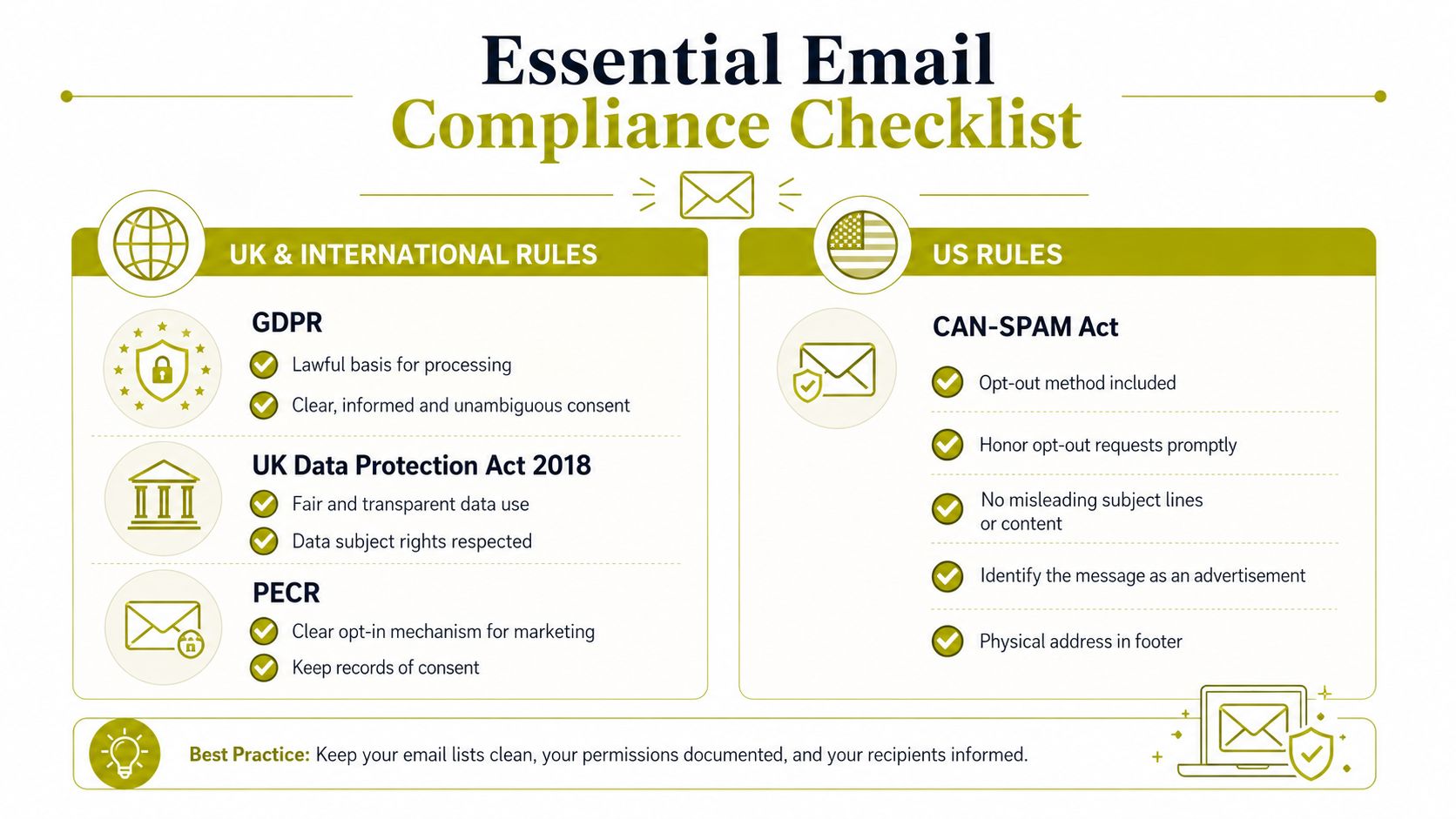 An infographic titled Essential Email Compliance Checklist detailing GDPR, Data Protection Act, PECR, and CAN-SPAM Act requirements.