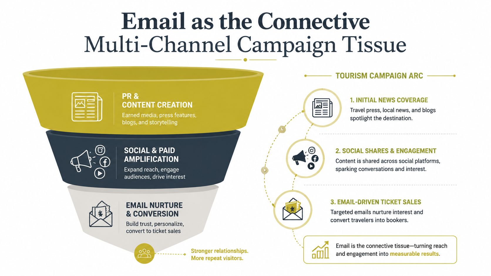 A marketing funnel diagram showing how PR, social media, and email nurturing work together to increase ticket sales.