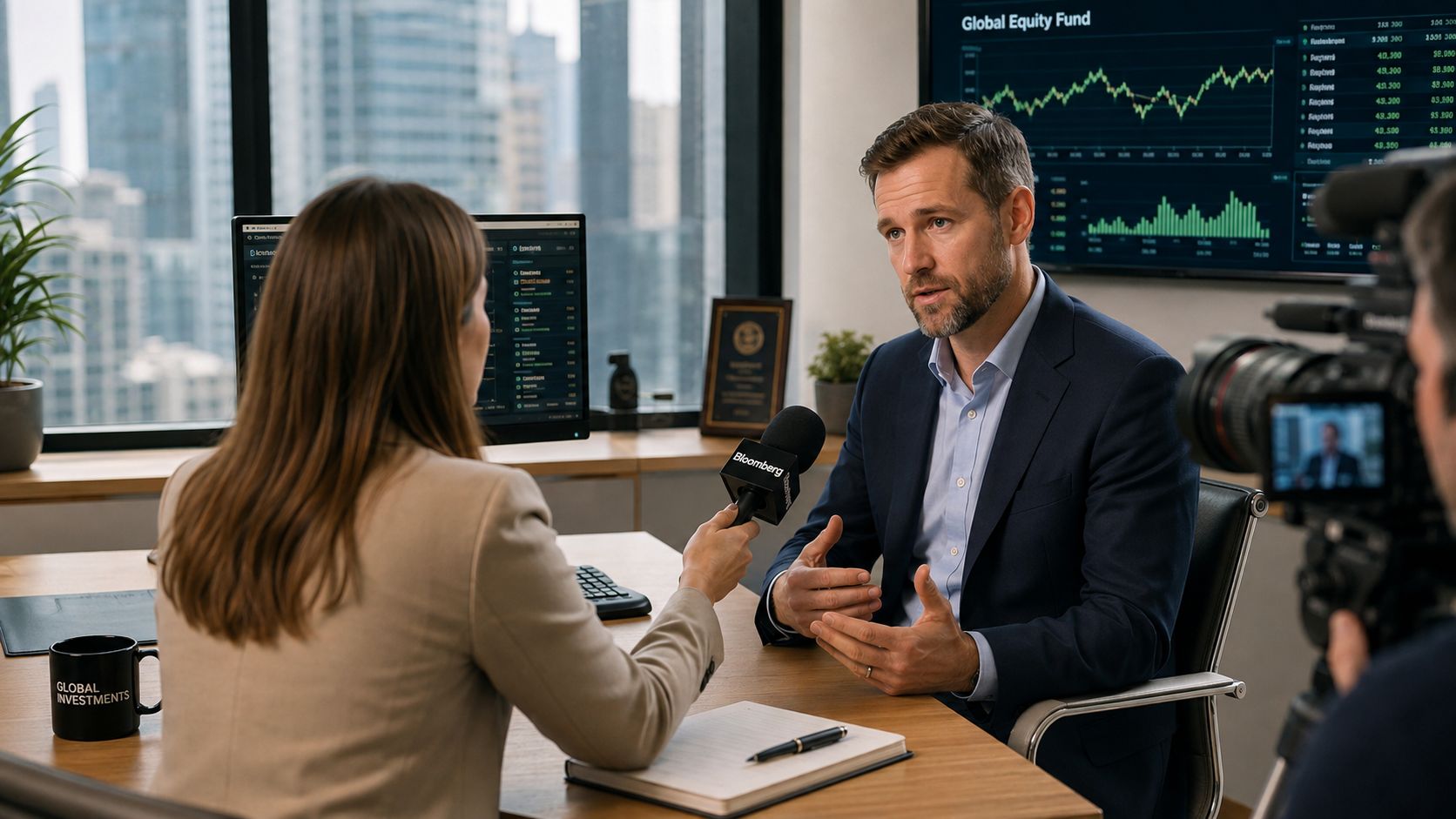 A financial professional being interviewed by a news reporter in a modern office with stock charts.