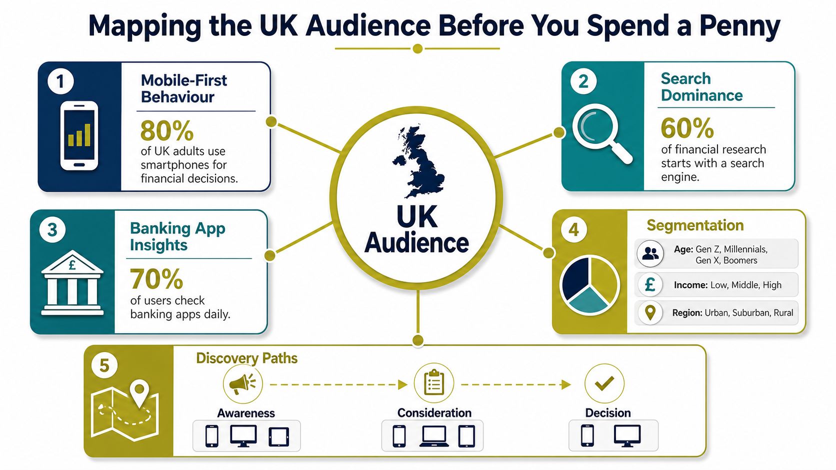 An infographic titled Mapping the UK Audience showing statistics about financial behavior and consumer research patterns.