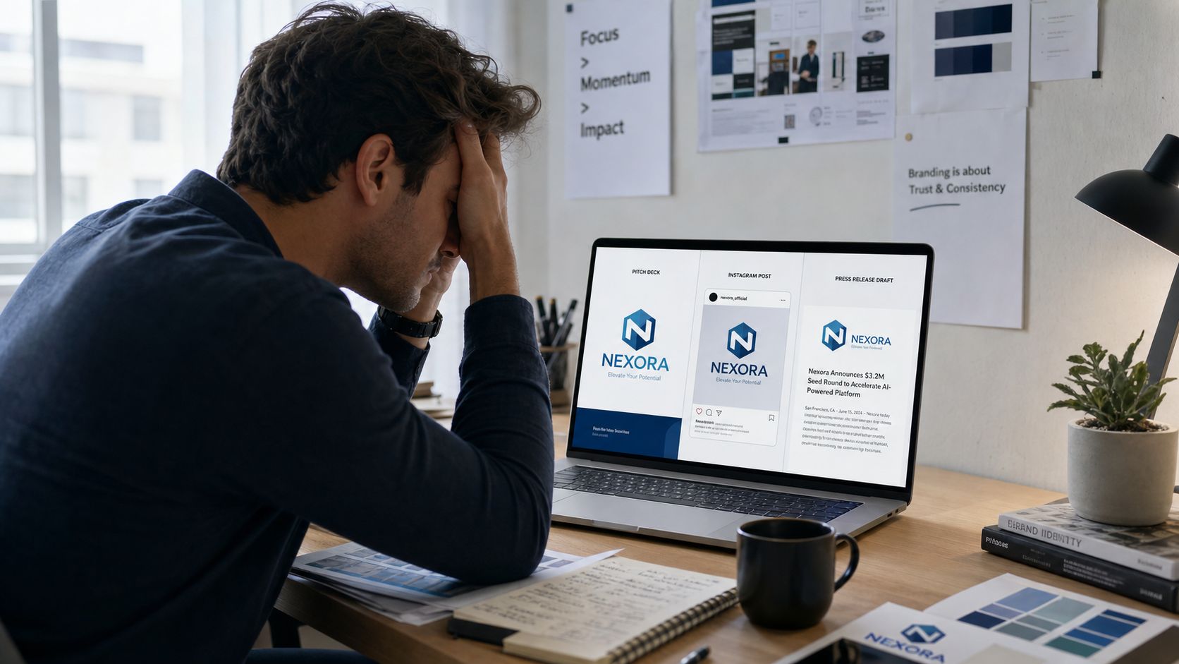 A stressed man sitting at his wooden desk while looking at Nexora brand marketing materials on laptop.
