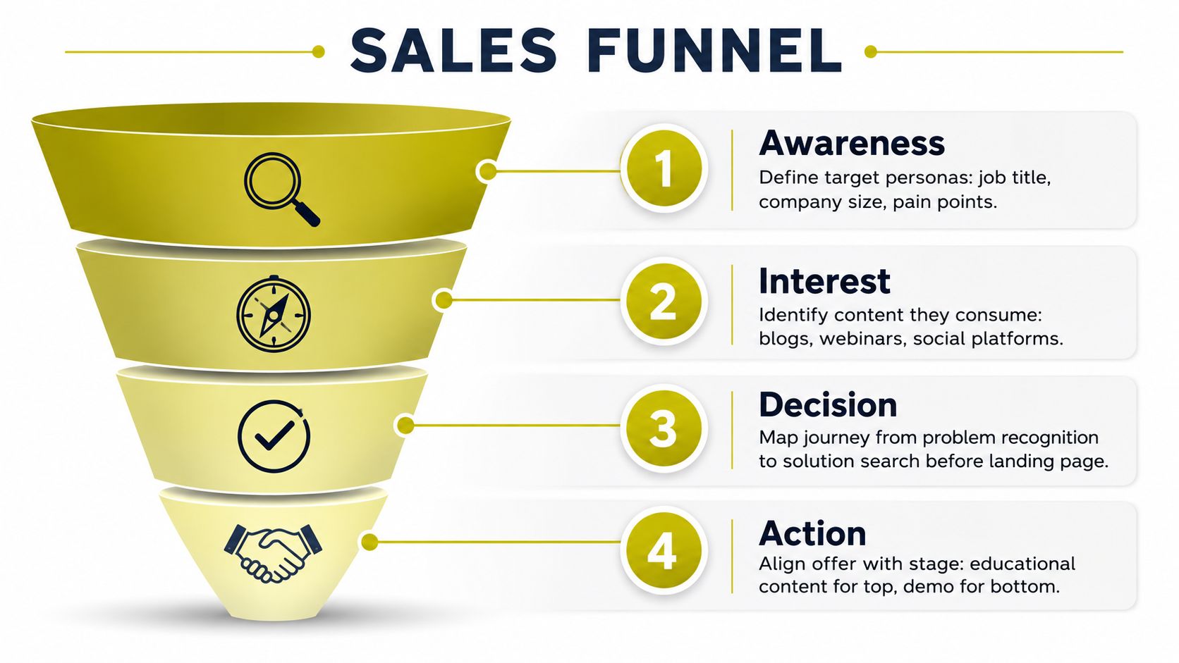 A four-stage sales funnel diagram illustrating steps from awareness to action for lead generation strategies.